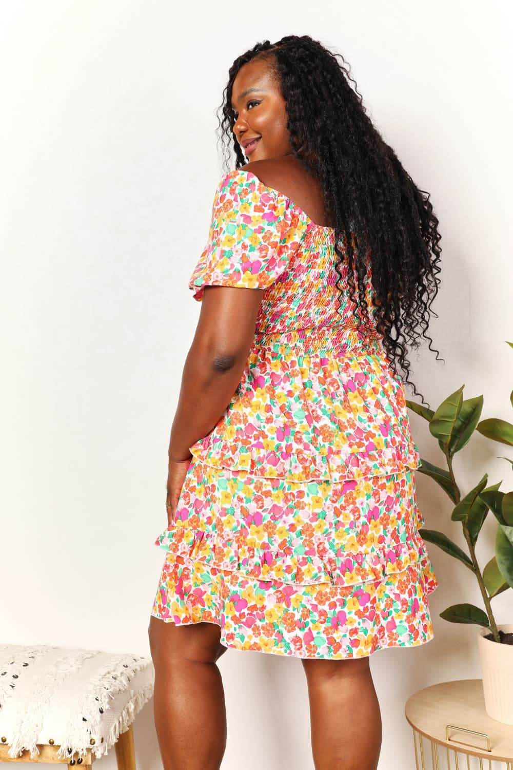 Devine Smocked Sweetheart Neck Flounce Sleeve Mini Dress - Rosa Apparel