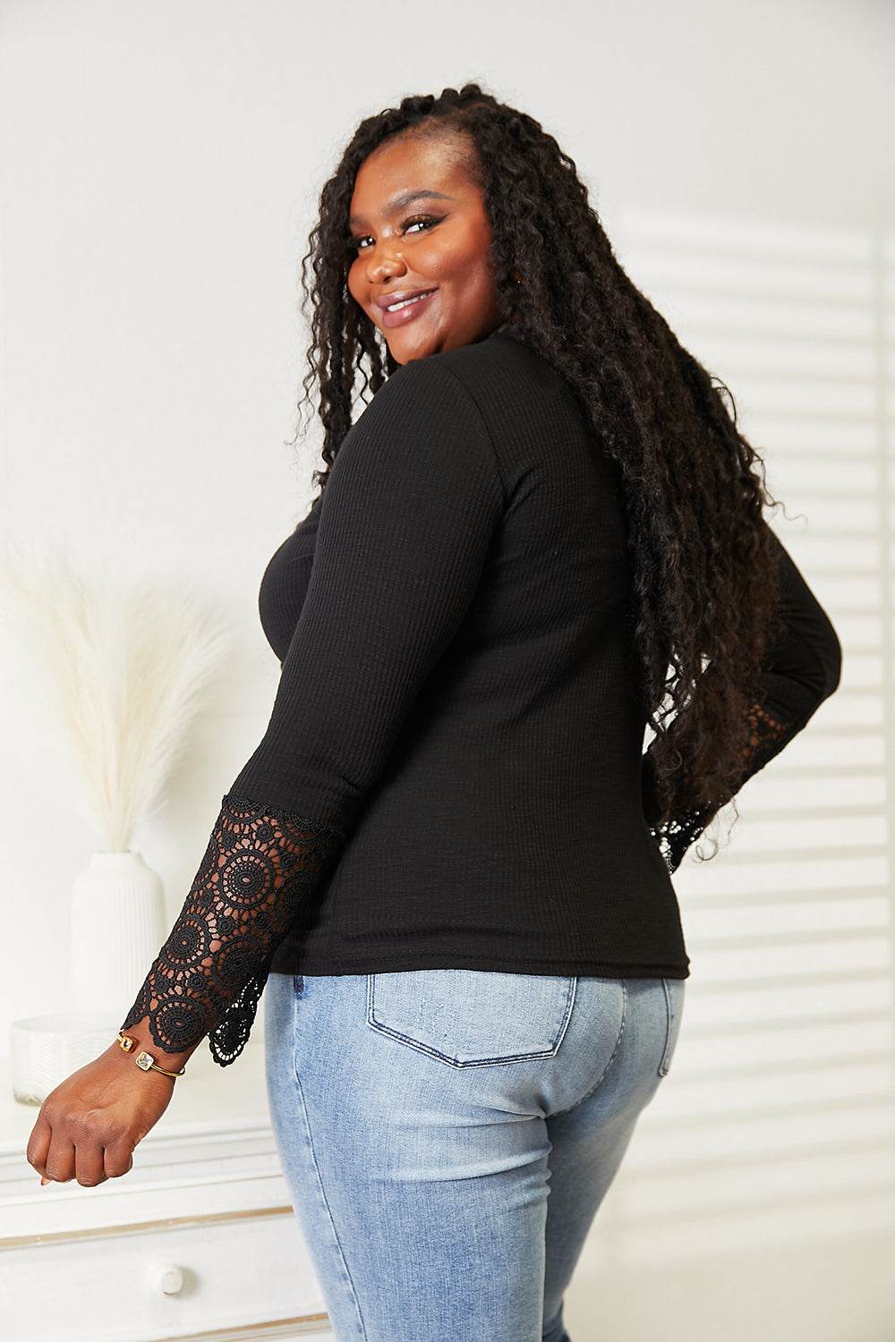 Double Take Crochet Lace Hem Sleeve Button Top - Rosa Apparel