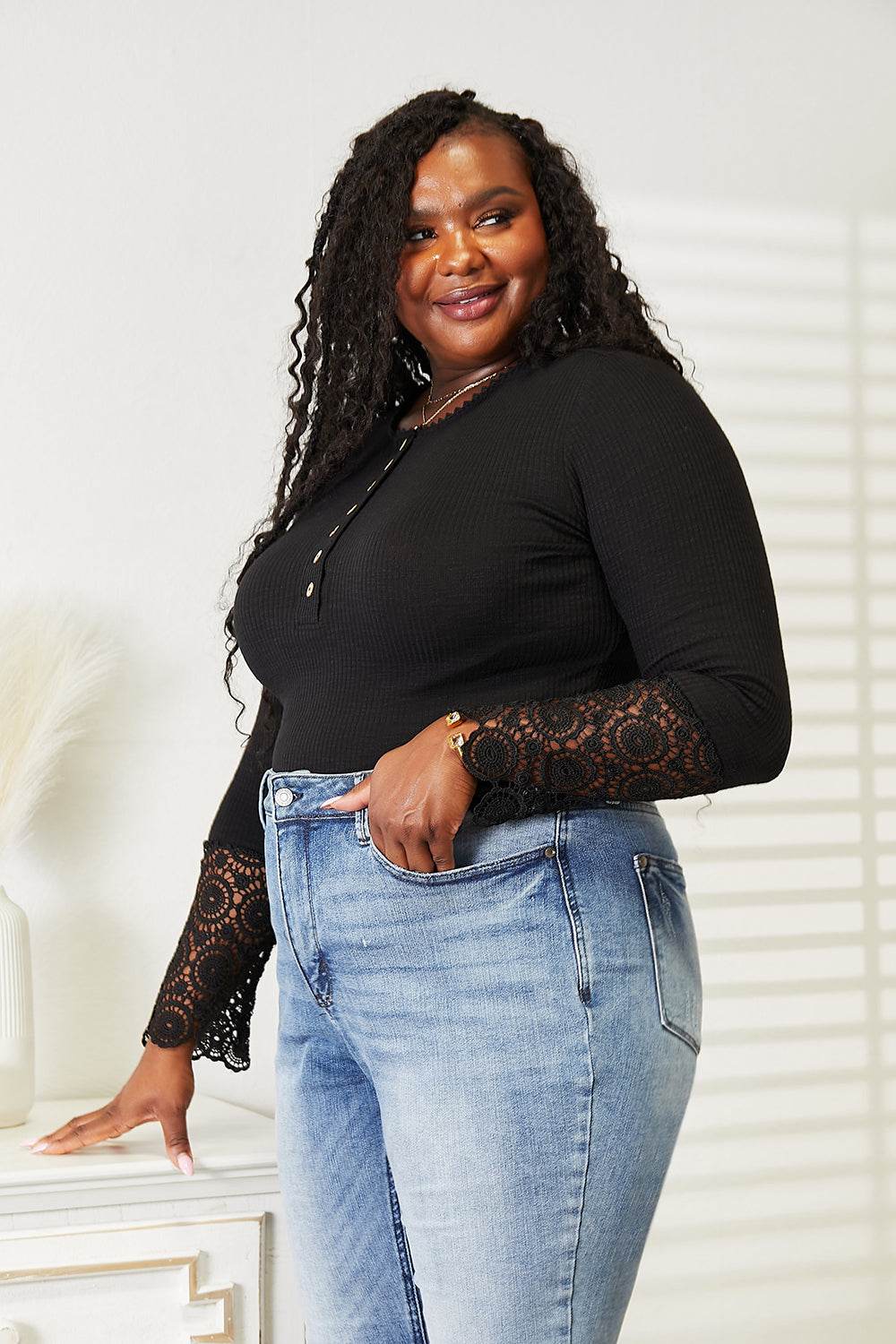 Double Take Crochet Lace Hem Sleeve Button Top - Rosa Apparel