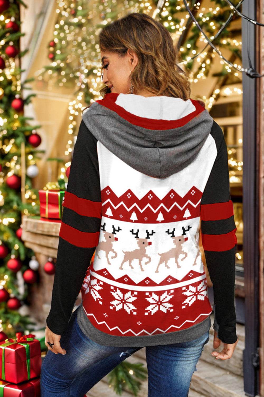Double Take Full Size Christmas Drawstring Long Sleeve Hoodie - Rosa Apparel
