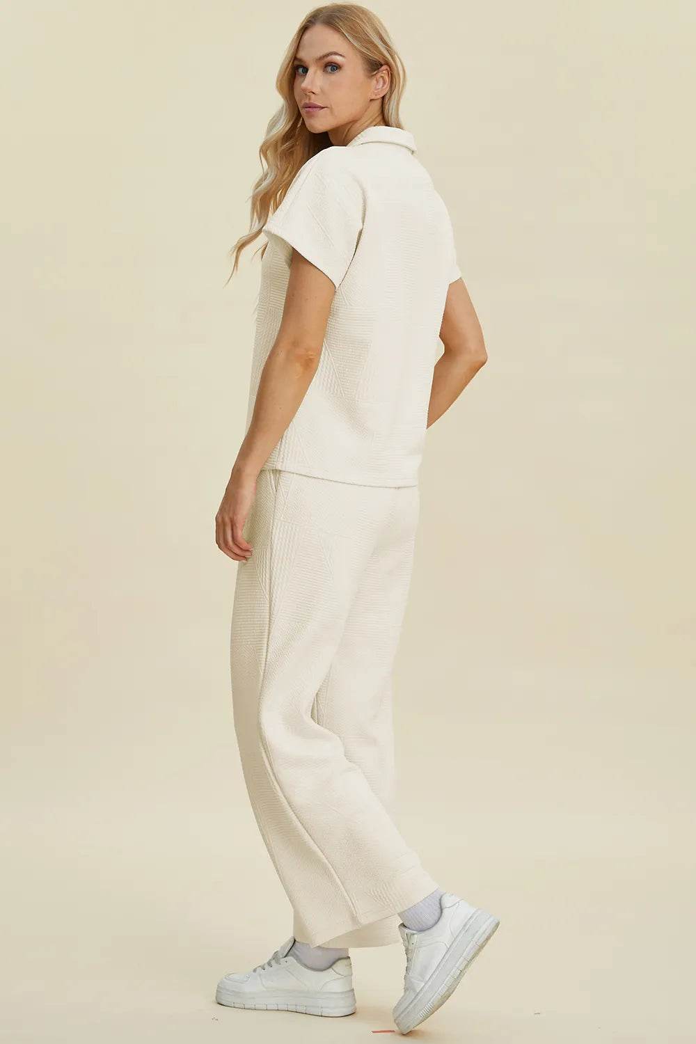 Double Take Full Size Collared Neck Short Sleeve Top and Pants Set - Rosa Apparel