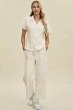 Double Take Full Size Collared Neck Short Sleeve Top and Pants Set - Rosa Apparel