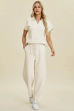 Double Take Full Size Collared Neck Short Sleeve Top and Pants Set - Rosa Apparel