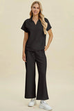 Double Take Full Size Collared Neck Short Sleeve Top and Pants Set - Rosa Apparel