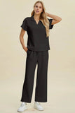 Double Take Full Size Collared Neck Short Sleeve Top and Pants Set - Rosa Apparel