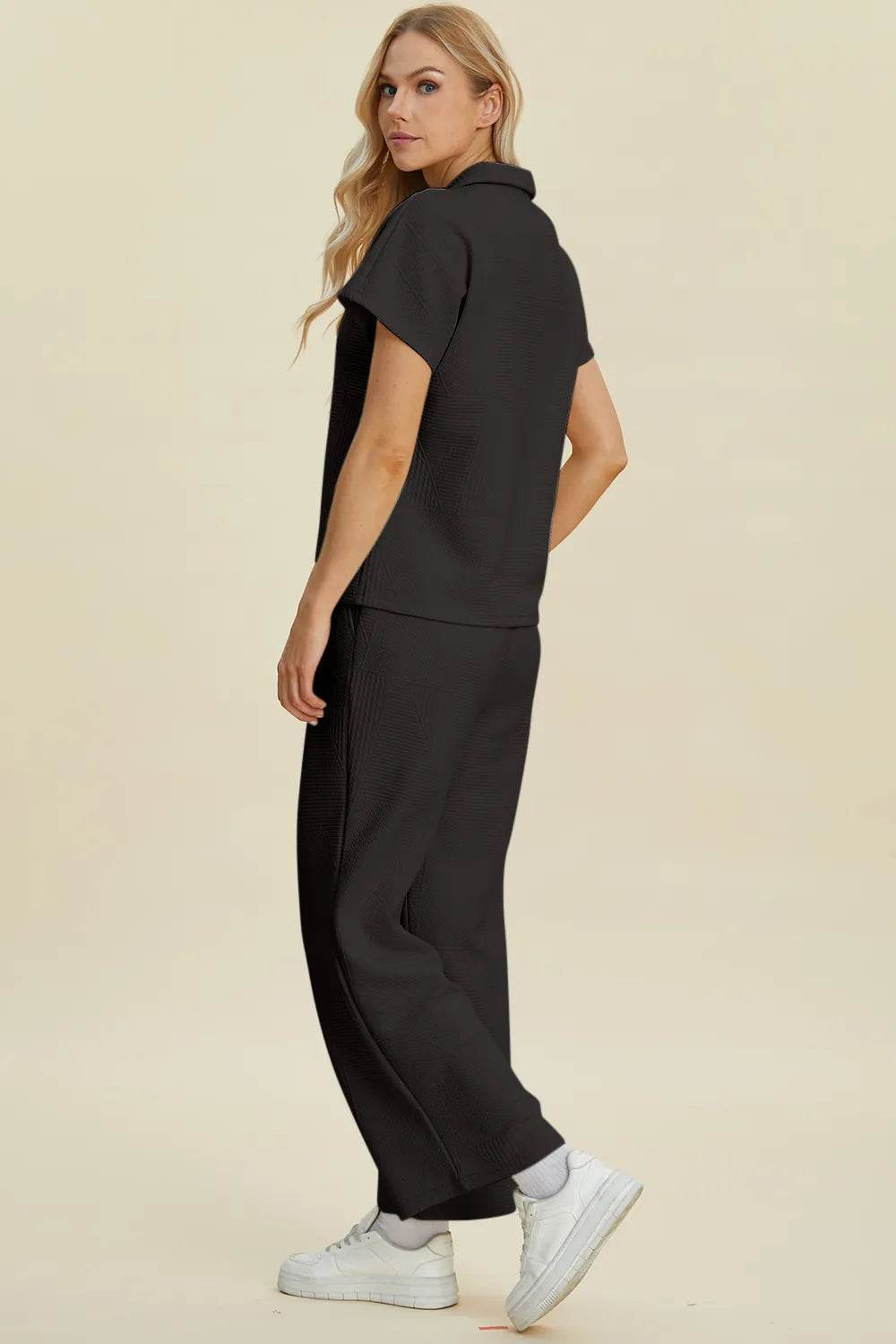 Double Take Full Size Collared Neck Short Sleeve Top and Pants Set - Rosa Apparel