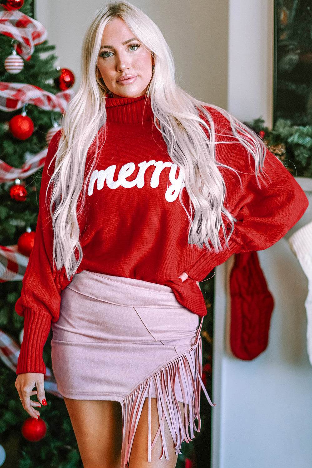 Double Take Full Size Merry Christmas Turtleneck Long Sleeve Sweater - Rosa Apparel