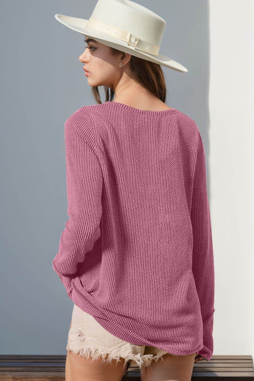 Double Take Full Size Notched Thumbhole Long Sleeve T-Shirt - Rosa Apparel