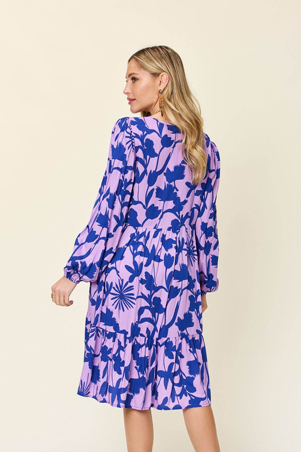 Double Take Full Size Printed Ruffle Hem Long Sleeve Midi Dress - Rosa Apparel