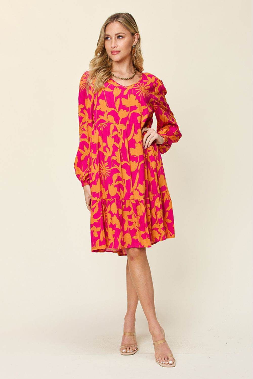 Double Take Full Size Printed Ruffle Hem Long Sleeve Midi Dress - Rosa Apparel
