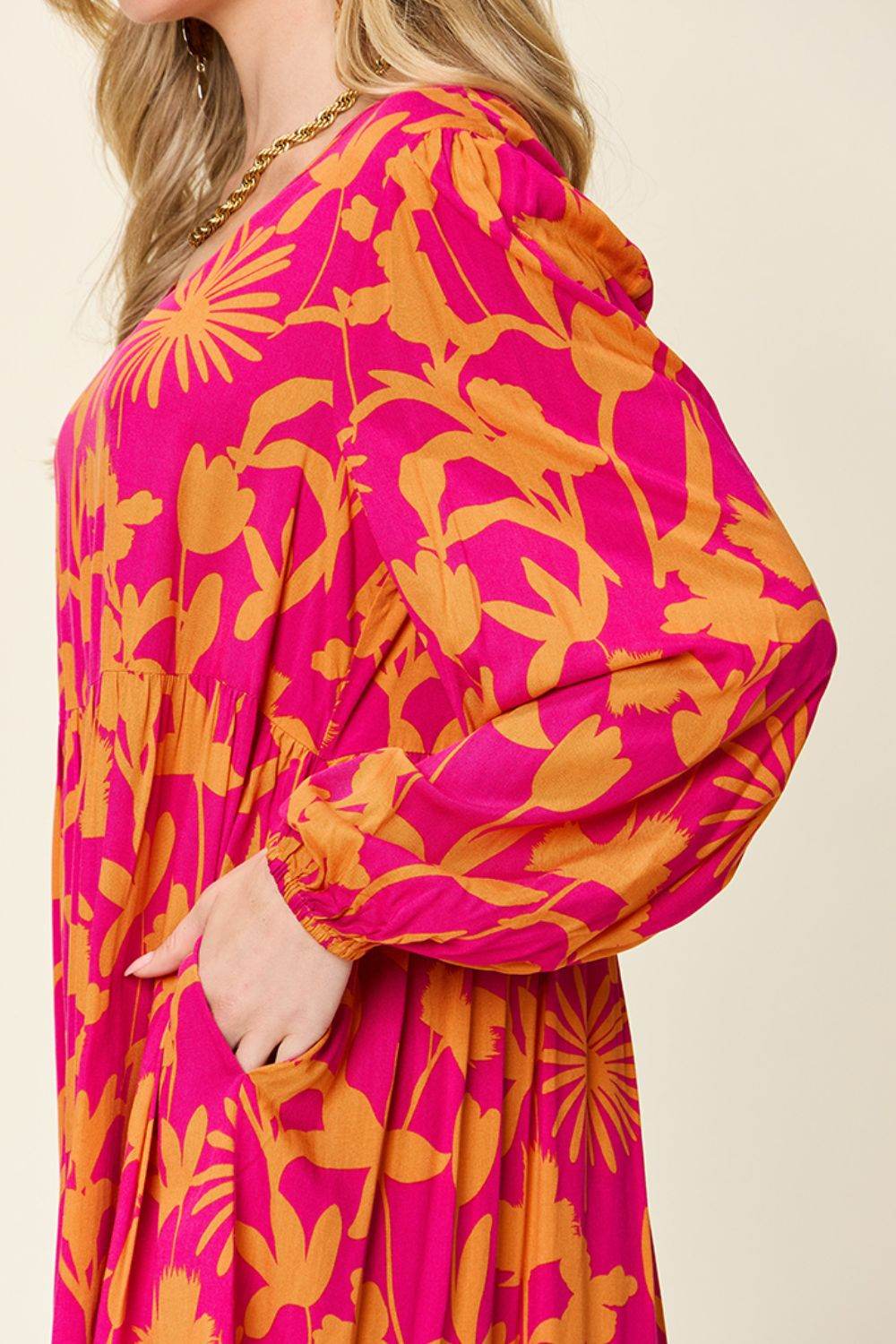 Double Take Full Size Printed Ruffle Hem Long Sleeve Midi Dress - Rosa Apparel