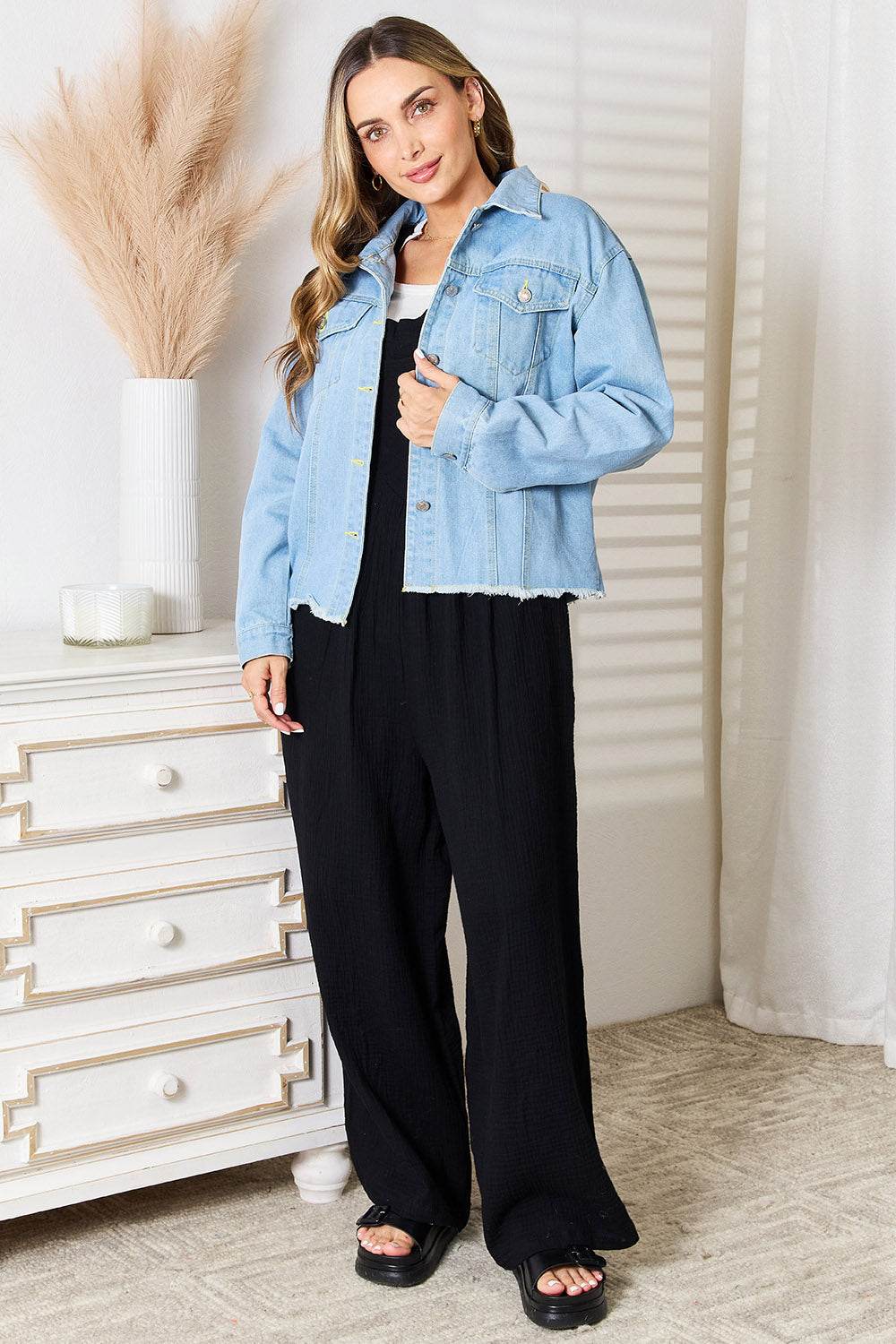 Double Take Raw Hem Dropped Shoulder Denim Jacket - Rosa Apparel