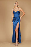 Dylan & Davids Satin Corset Cowl Neck Prom Dress with Slit