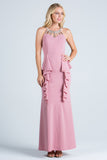 Embellished neck and ruffle detailed crepe gown.