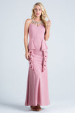 Embellished neck and ruffle detailed crepe gown.