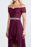 Embellished off the shoulder, trance lace and chelsea chiffon fabric, Lila high-low surplus dress