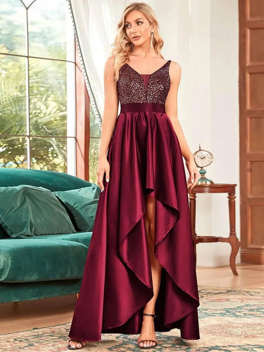 Ever Pretty Backless V-Neck Asymmetric Skirt Sleeveless Sparkly Dress - Rosa Apparel