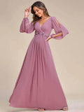 Elegant Floor Length Long Lantern Sleeves Formal Dress - Rosa Apparel