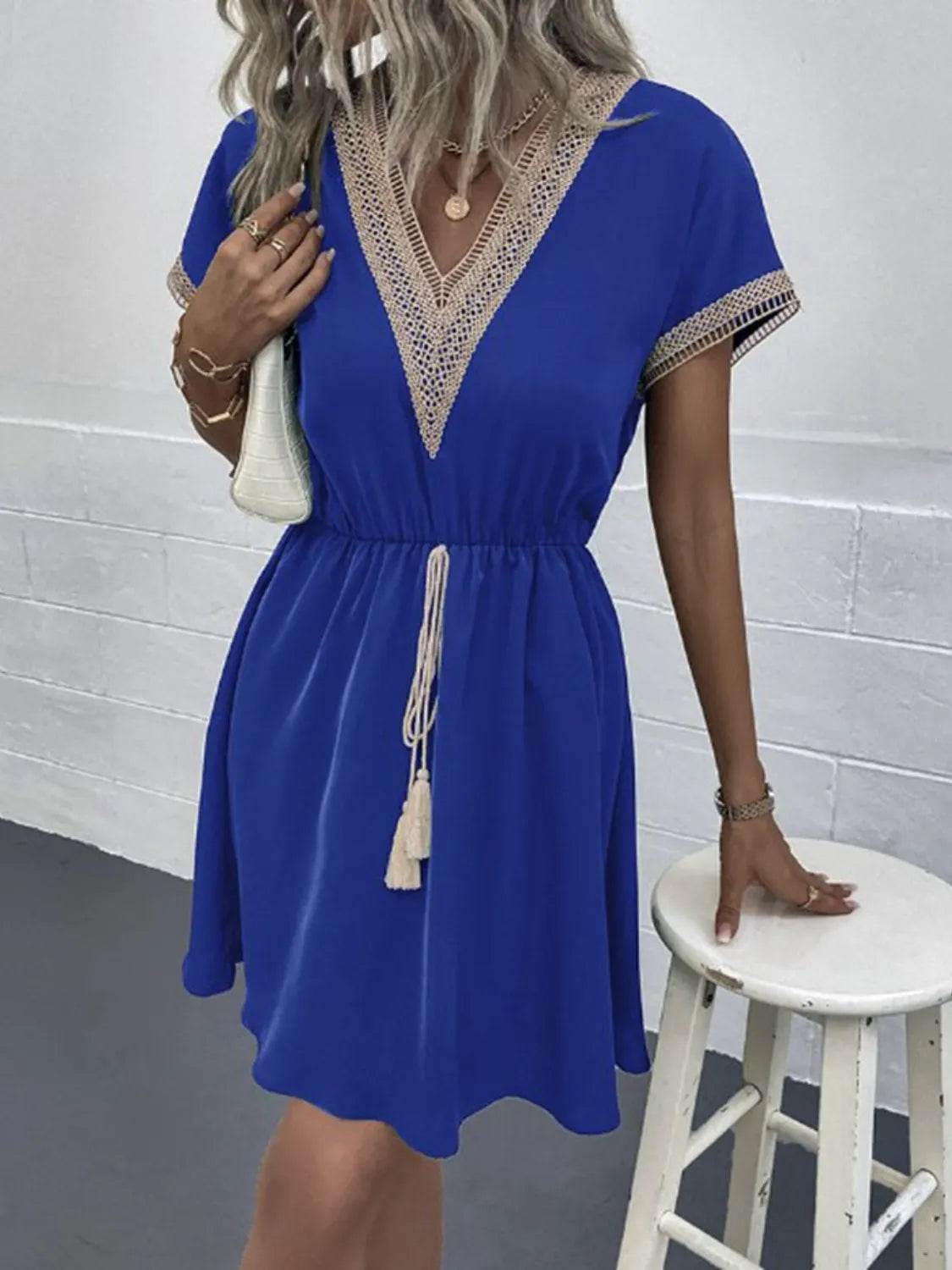Full Size Tassel V-Neck Short Sleeve Dress Plus Size - Rosa Apparel