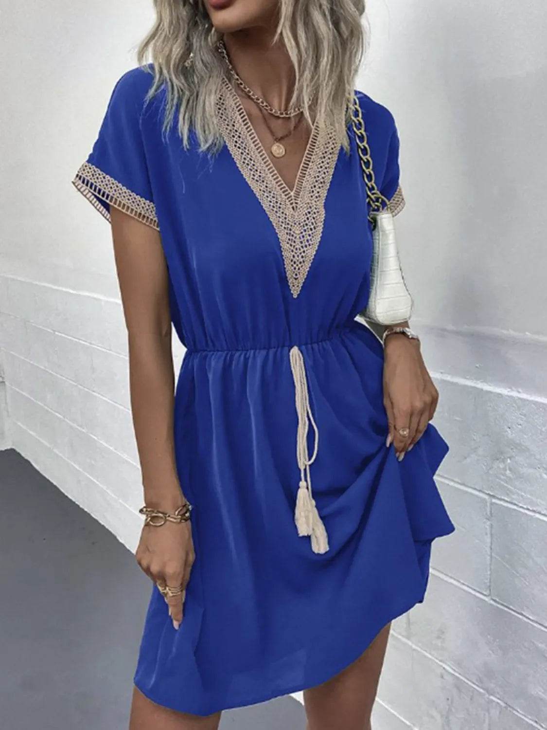 Full Size Tassel V-Neck Short Sleeve Dress Plus Size - Rosa Apparel