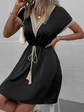 Full Size Tassel V-Neck Short Sleeve Dress Plus Size - Rosa Apparel