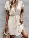Full Size Tassel V-Neck Short Sleeve Dress Plus Size - Rosa Apparel