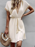 Full Size Tassel V-Neck Short Sleeve Dress Plus Size - Rosa Apparel