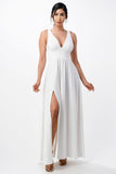 Full tricot deep V-neck A-line dress with side slit