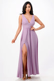 Full tricot deep V-neck A-line dress with side slit