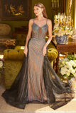 Woman in a glamorous evening gown in an elegant room with floral arrangements and decorative items.