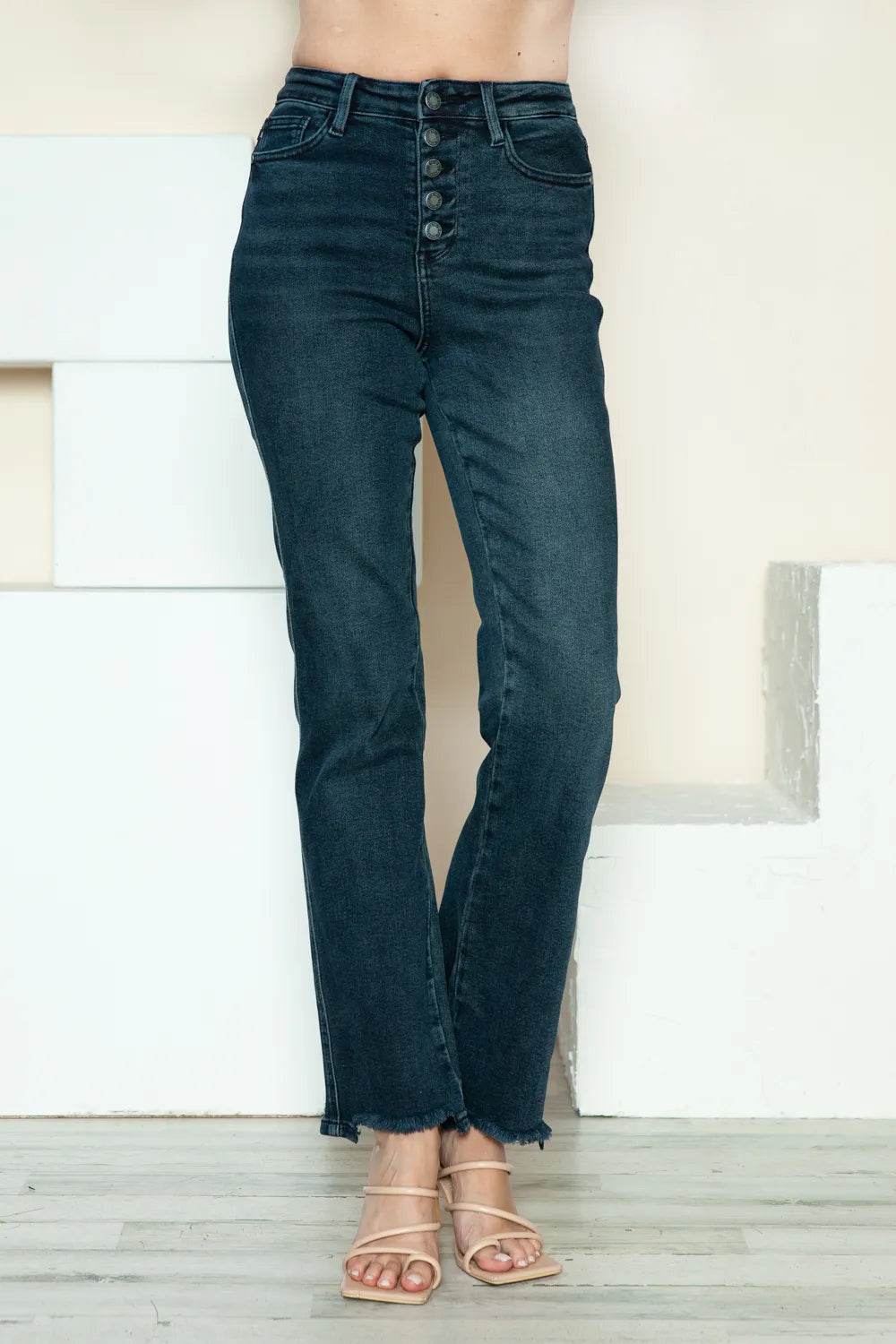 Judy Blue Full Size Button Fly Hem Destroy Straight Jeans 88912 - Rosa Apparel