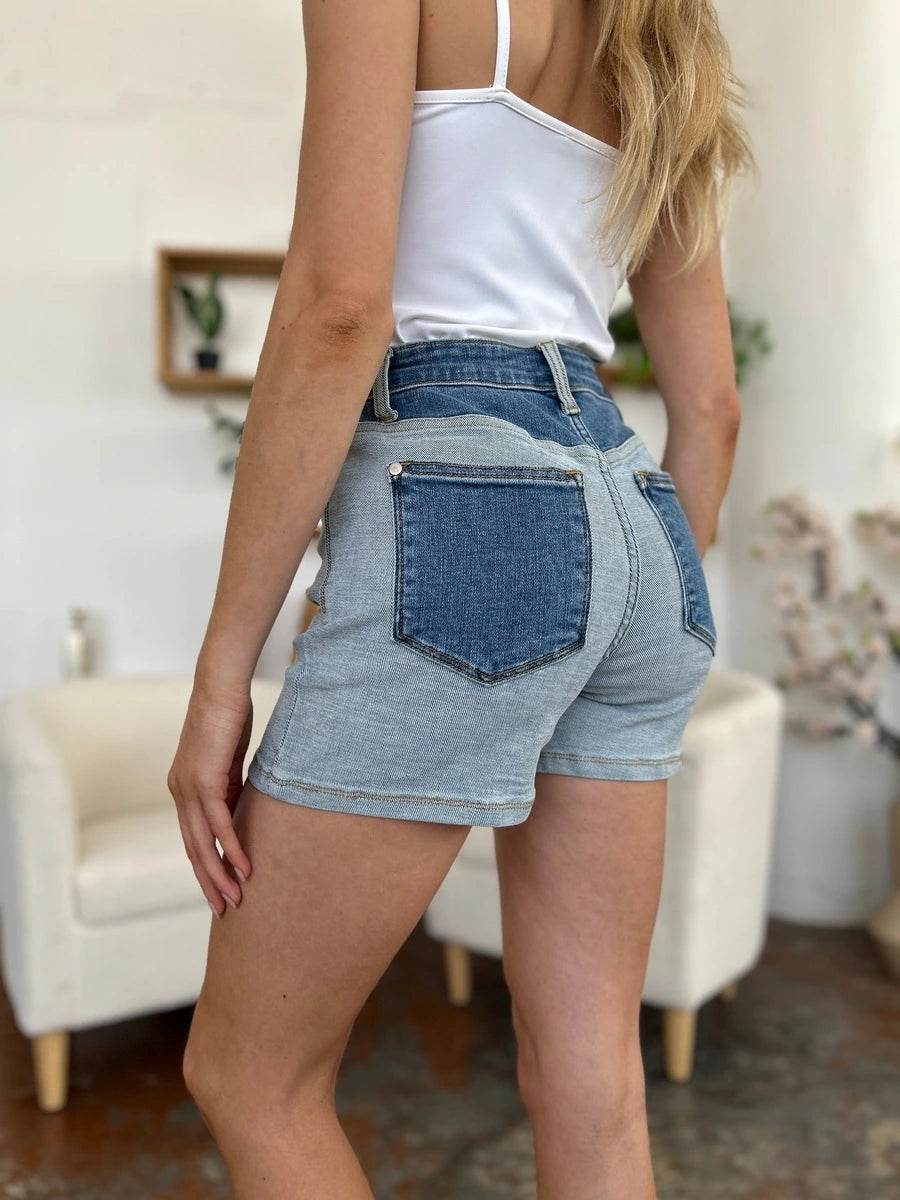Judy Blue Full Size Color Block Denim Shorts Style #: 15256 - Rosa Apparel
