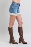 Judy Blue Full Size HW Tummy Control Shearling Cuff Denim Shorts Plus Size - Rosa Apparel