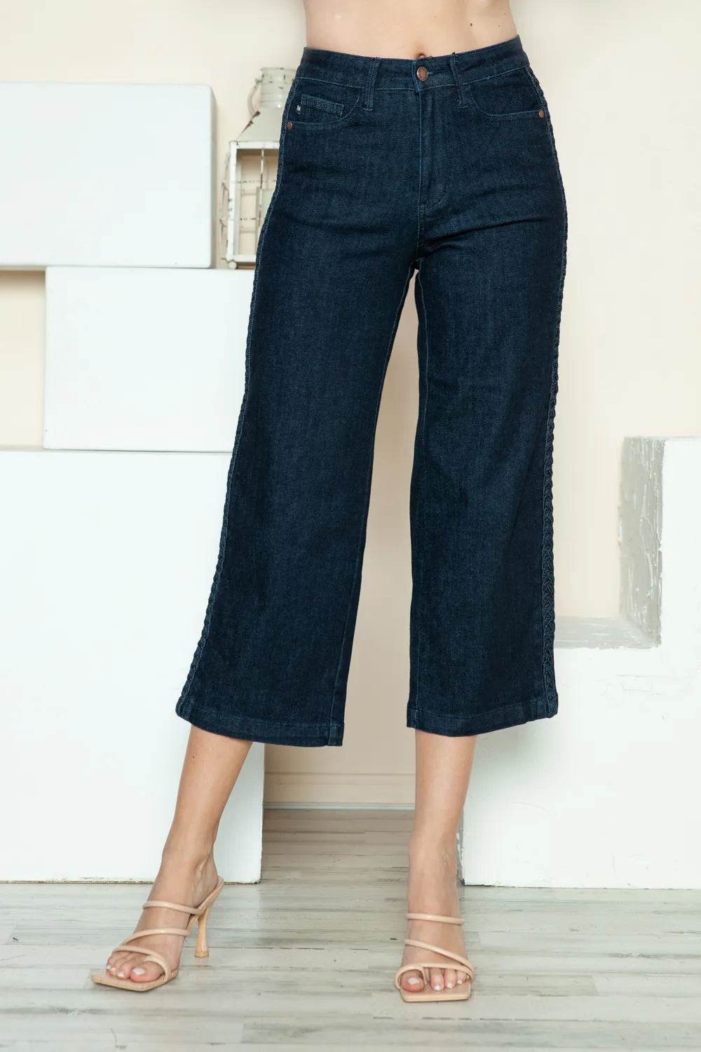 Judy Blue Full Size Side Seam Braid Detail Crop Wide Leg Jeans Style 88851 - Rosa Apparel