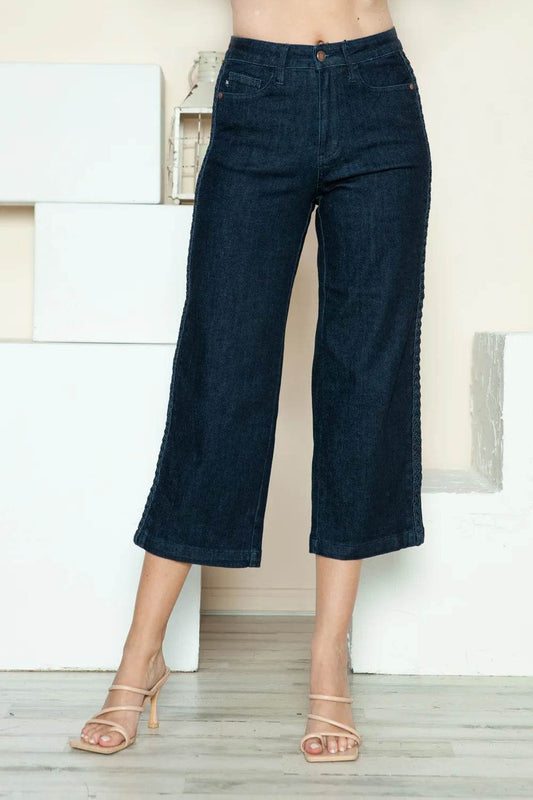 Judy Blue Full Size Side Seam Braid Detail Crop Wide Leg Jeans Style 88851 - Rosa Apparel