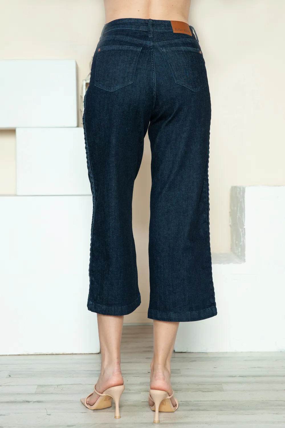 Judy Blue Full Size Side Seam Braid Detail Crop Wide Leg Jeans Style 88851 - Rosa Apparel