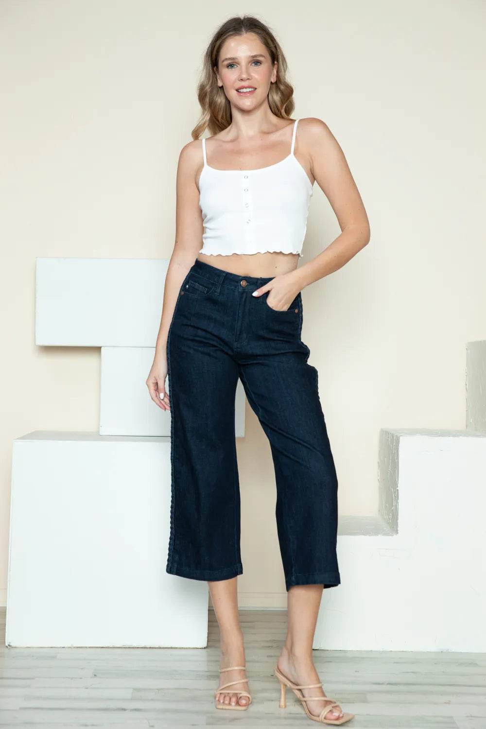 Judy Blue Full Size Side Seam Braid Detail Crop Wide Leg Jeans Style 88851 - Rosa Apparel