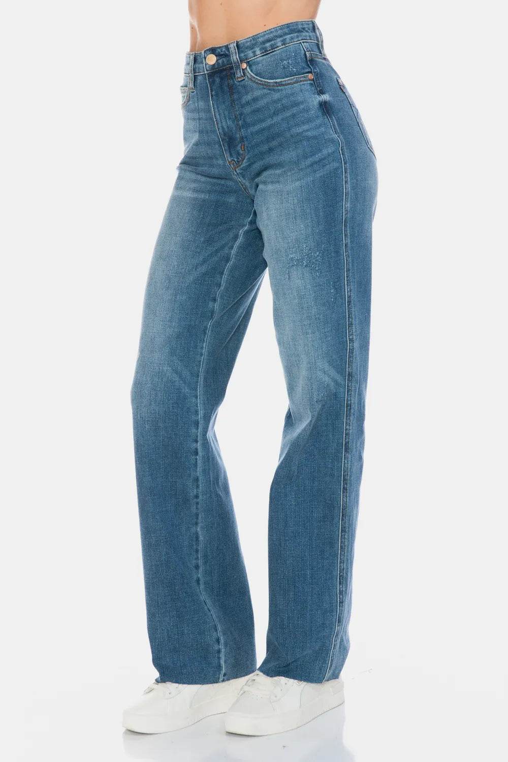 Judy Blue Full Size Tummy Control Cut Raw Hem Straight Jeans 88848 - Rosa Apparel