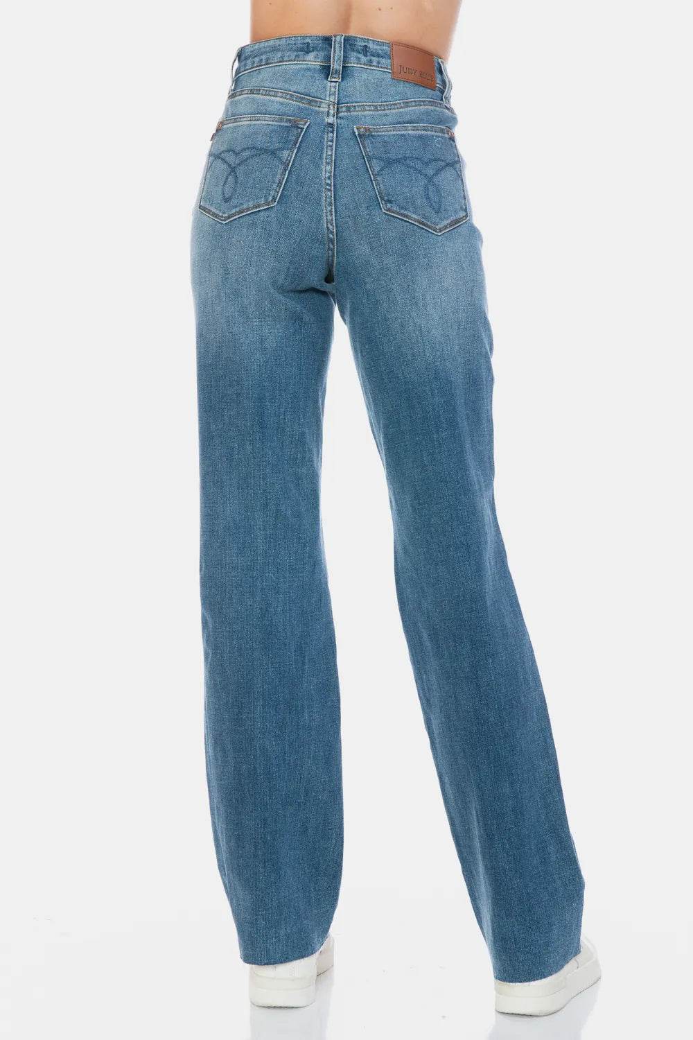 Judy Blue Full Size Tummy Control Cut Raw Hem Straight Jeans 88848 - Rosa Apparel