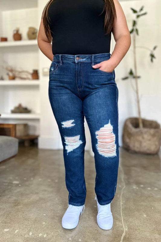 Judy Blue High Waist Rigid Magic Heavy Destroy Straight Jeans 88819 - Rosa Apparel