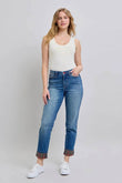 Judy Blue Plaid Print Cuff Straight Leg Jeans with Pockets 88877 - Rosa Apparel