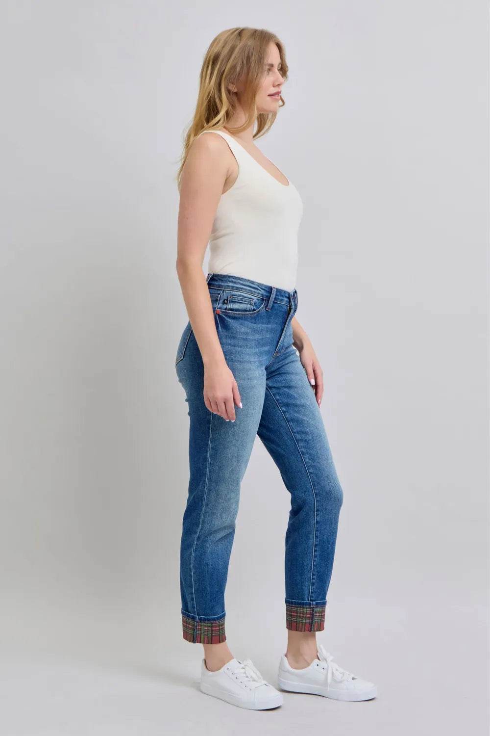 Judy Blue Plaid Print Cuff Straight Leg Jeans with Pockets 88877 - Rosa Apparel