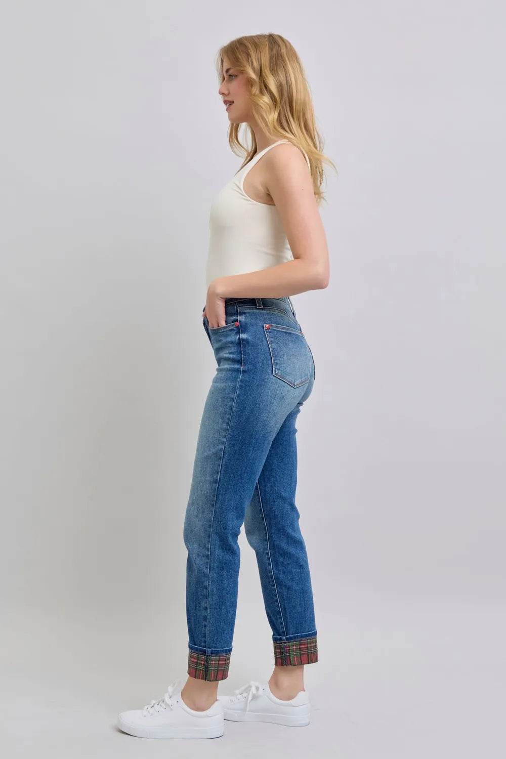 Judy Blue Plaid Print Cuff Straight Leg Jeans with Pockets 88877 - Rosa Apparel