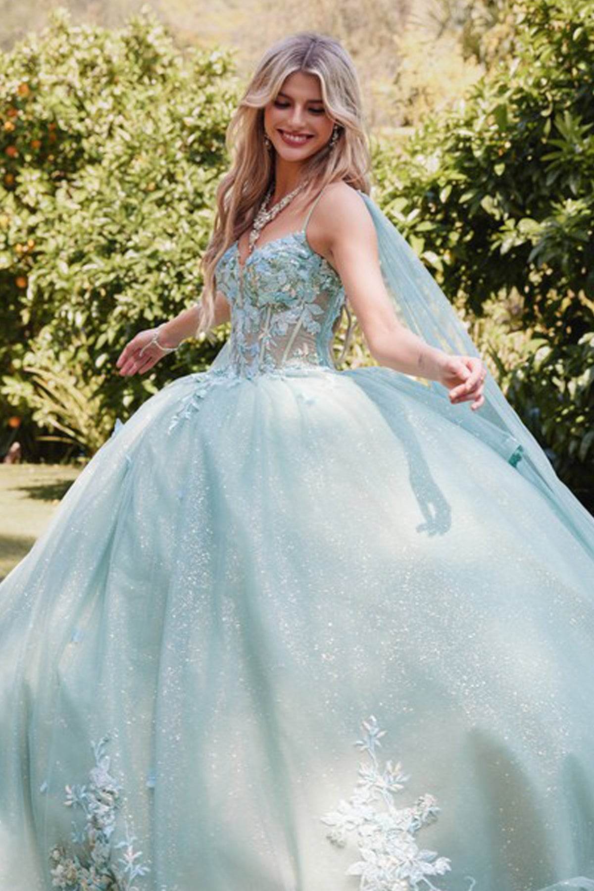 Juliet 3D Multi Floral Applique and Cape Sleeve Quinceañera Dress JT1466H - Rosa Apparel