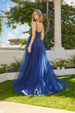 Juliet A-Line Gown with Embellished Bodice, Tulle Skirt, and Front Slit JT2632L Navy Blue