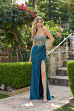 Juliet Corset Hot Stone Satin Gown with Side Slit JT2671S Green