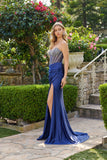 Juliet Corset Hot Stone Satin Gown with Side Slit JT2671S Blue