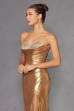 Juliet Elegant Beaded Metallic Strapless Slit Evening Gown JT2501A - Rosa Apparel