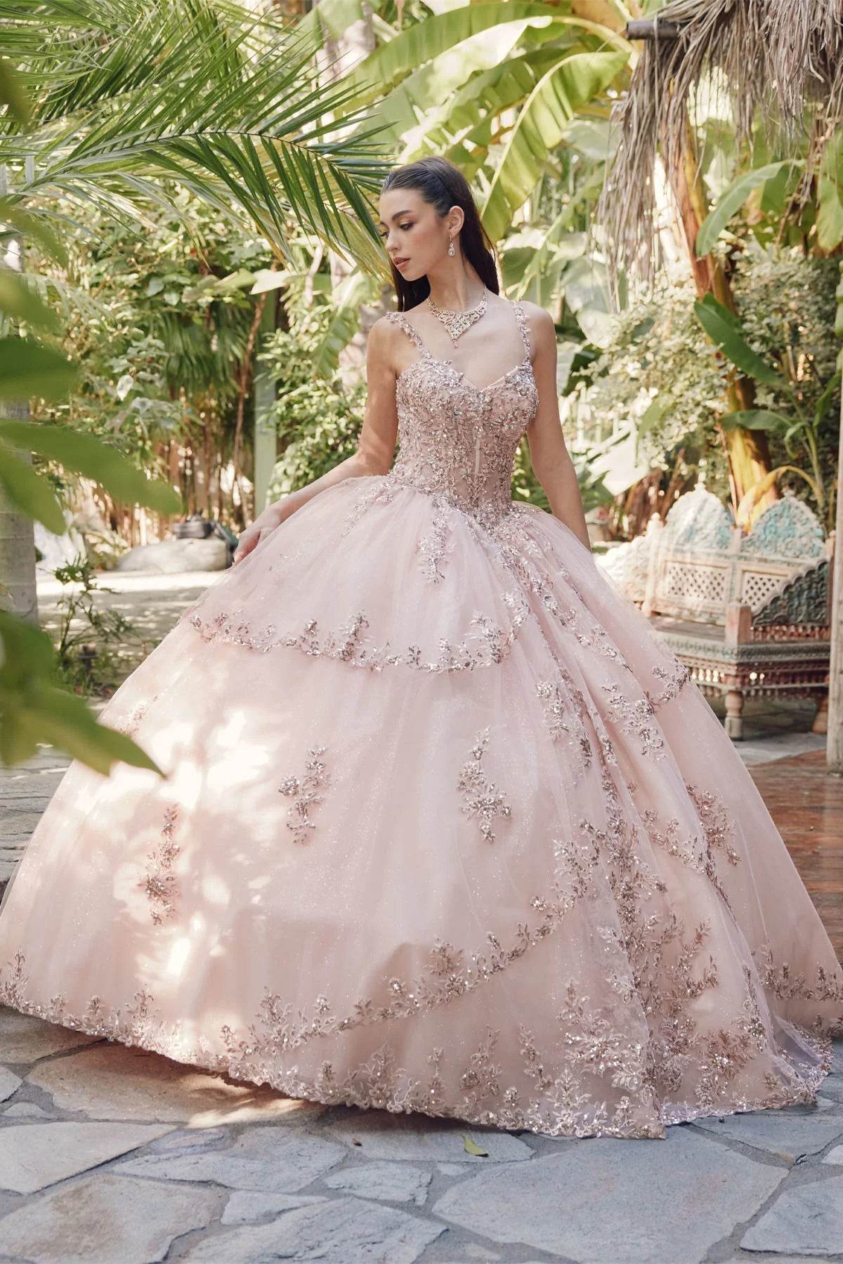Juliet Embroidered Sleeveless Corset Quinceañera Ball Gown JT1450J - Rosa Apparel