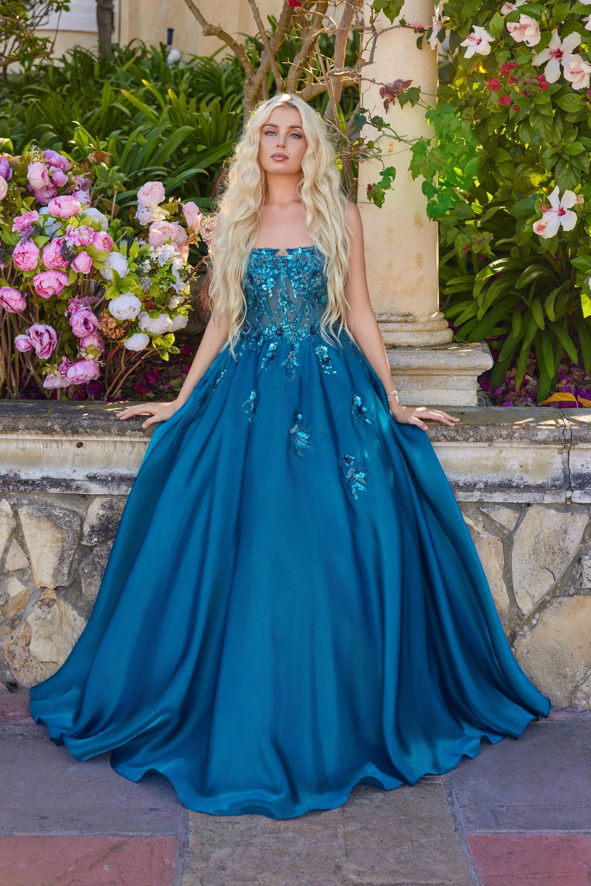 Juliet Floral Embellished Ball Gown with Sheer Fitted Corset Bodice JT2617U Teal
